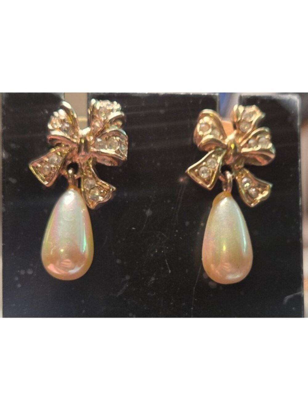 Gold Tone Bow Drop Earrings With Faux Pearls & Rhinestone Accents